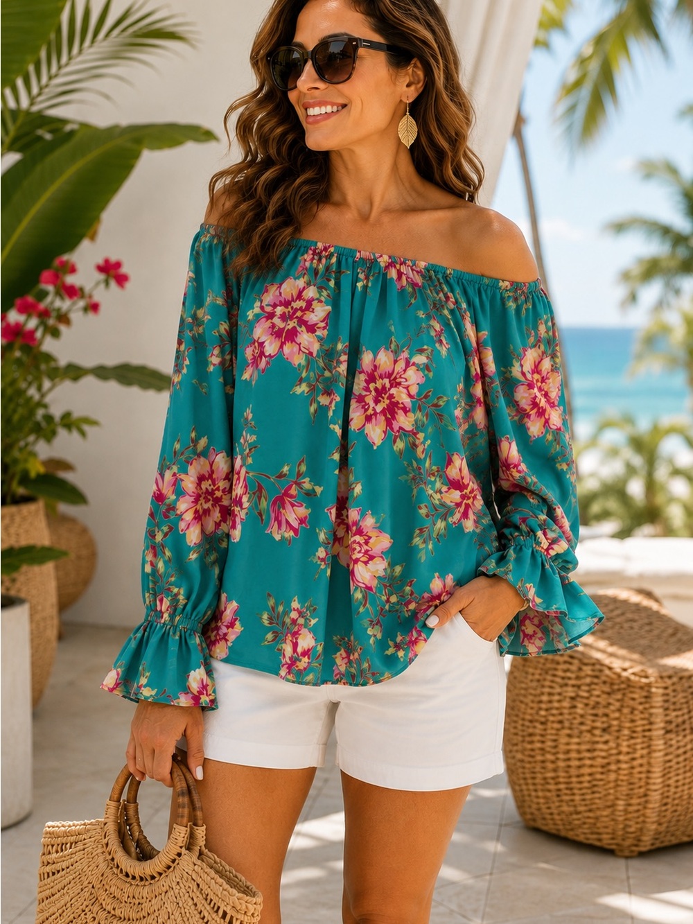 SUSAN GRAVER Floral Peasant Blouse Off Shoulder Bell Sleeve Boho Plus Size 1X